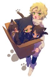 Rule 34 | 2boys, 2girls, :3, akai shuuichi, animal ear fluff, animal ears, animal feet, animal hands, black headwear, blonde hair, blue eyes, boots, bottomless, box, brother and sister, brothers, cardboard box, cat boy, cat ears, cat girl, cat tail, child, cigarette, closed eyes, curly hair, echo (circa), from above, full body, fur trim, furry, furry male, glasses, green eyes, haneda shuukichi, hat, hat with ears, in box, in container, jacket, long sleeves, looking at another, looking at viewer, mary sera, meitantei conan, mother and daughter, mother and son, mouth hold, multiple boys, multiple girls, no shoes, open mouth, pantyhose, paw print, sera masumi, siblings, sleeping, socks, socks over pantyhose, sweater, tail, turtleneck, turtleneck sweater, white background