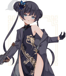 Rule 34 | 1girl, absurdres, armpits, black coat, black dress, black gloves, black hair, blue archive, blue eyes, butterfly hair ornament, china dress, chinese clothes, coat, commentary request, cs/ls06, double bun, dress, gloves, gun, hair between eyes, hair bun, hair ornament, halo, head tilt, highres, holding, holding gun, holding weapon, kisaki (blue archive), long hair, long sleeves, looking at viewer, open clothes, open coat, parted lips, partial commentary, print dress, saekiya sabou, side slit, sidelocks, simple background, solo, twintails, weapon, white background