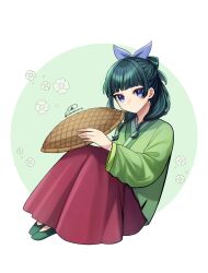 1girl aoqun blue_eyes blue_ribbon chinese_clothes closed_mouth eyebrows_hidden_by_hair flat_chest from_side full_body green_footwear green_hair green_hanfu hair_ribbon hanfu highres holding koboremichi01 kusuriya_no_hitorigoto looking_at_viewer maomao_(kusuriya_no_hitorigoto) red_skirt ribbon signature simple_background sitting skirt solo