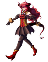 Rule 34 | 1girl, bare shoulders, boots, bracelet, breasts, demon girl, demon tail, elbow gloves, gloves, high heels, highres, horns, iori nichi, jewelry, long hair, maou beluzel, original, pantyhose, red eyes, red hair, shoes, sidelocks, skirt, skull, smile, solo, tail, very long hair, walking, yuusha to maou
