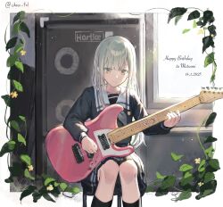 1girl bang_dream! bang_dream!_it&#039;s_mygo!!!!! black_socks blue_shirt blue_skirt cho_k_(choco_tcl) closed_mouth commentary cucumber_plant electric_guitar green_hair grey_neckerchief guitar hashtag-only_commentary highres holding holding_guitar holding_instrument instrument kneehighs long_sleeves neckerchief playing_guitar pleated_skirt school_uniform shirt sidelocks sitting skirt socks solo tsukinomori_school_uniform twitter_username wakaba_mutsumi yellow_eyes