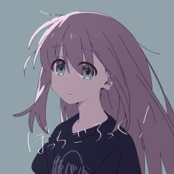 Rule 34 | 1girl, black shirt, blue eyes, bocchi the rock!, closed mouth, commentary request, gotoh hitori, grey background, hair between eyes, highres, kerorira, long hair, looking at viewer, pink hair, shirt, simple background, smile, solo, translation request, upper body