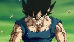 Rule 34 | absurdres, angry, black eyes, black hair, blue shirt, clenched teeth, commentary, debris, dragon ball, dragonball z, english commentary, face down, green background, highres, looking down, maddnessart, muscular, muscular male, shirt, son goku, spiked hair, teeth