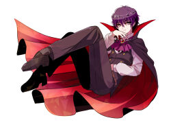 Rule 34 | 1boy, ascot, cloak, dress shirt, fang, floating, formal, hand on own face, hand on own stomach, high collar, legs up, looking at viewer, male focus, memoko1217, mizuki hajime, purple hair, shirt, short hair, smile, smirk, solo, suit, tennis no ouji-sama, vampire costume, vest, wavy hair, white background