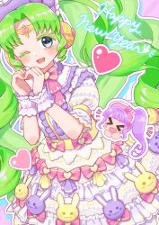 Rule 34 | &gt; &lt;, 2girls, :d, ;d, animal print, blush, chibi, chibi inset, closed eyes, colored eyelashes, commentary request, dress, falulu, falulu (awakened), forehead jewel, frilled dress, frills, green hair, grey eyes, hands up, happy new year, headphones, heart, heart hands, highres, idol clothes, jinno (jin c kkry), lolita fashion, long hair, looking at viewer, manaka non, multicolored clothes, multicolored dress, multiple girls, new year, notice lines, one eye closed, open mouth, outline, parted bangs, pretty series, pripara, puffy short sleeves, puffy sleeves, rabbit print, short sleeves, sidelocks, smile, solo focus, sweet lolita, twintails, very long hair, white outline, wrist cuffs, xd