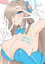 Rule 34 | 1girl, asuna (blue archive), asuna (bunny) (blue archive), blue archive, breasts, brown hair, double v, highres, large breasts, leotard, long hair, looking at viewer, oyaji-sou, playboy bunny, smile, solo, upper body, v, white background
