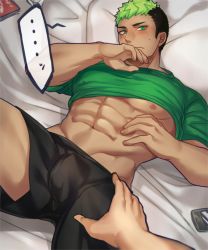 Rule 34 | abs, alternate costume, bare pectorals, black male underwear, blouse, blush, bulge, clothes lift, crotch, dark-skinned male, dark skin, gozu farm, green eyes, green hair, green shirt, hand on another&#039;s thigh, highres, large pectorals, lying, male focus, male underwear, muscular, nipples, pectorals, shirt, shirt lift, sideburns, solo focus, spread legs, thighs, tokyo houkago summoners, underwear, undressing