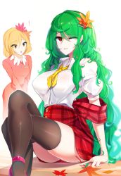 Rule 34 | 2girls, aki shizuha, alternate hair length, alternate hairstyle, ascot, ass, black thighhighs, blonde hair, breasts, collared shirt, commentary, crossed legs, dress, green hair, hair ornament, highres, kaliningradg, kazami yuuka, large breasts, leaf, leaf hair ornament, long hair, looking at viewer, maple leaf, multiple girls, one eye closed, open mouth, parted lips, plaid, plaid skirt, red dress, red eyes, red skirt, shirt, short hair, simple background, sitting, skirt, symbol-only commentary, thighhighs, touhou, v arms, white background, white shirt, yellow ascot