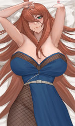 Rule 34 | 1girl, armpits, arms up, bare shoulders, blue dress, blush, breasts, brown hair, brown pantyhose, cleavage, collarbone, dress, fishnet pantyhose, fishnets, green eyes, hair over one eye, highres, large breasts, long hair, looking at viewer, lsls, nail polish, naruto, naruto (series), pantyhose, smile, solo, terumi mei, thighs, very long hair