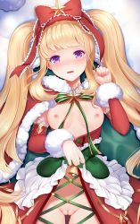 Rule 34 | 1girl, absurdly long hair, alternate costume, bell, blonde hair, blunt bangs, blush, bow, breasts, cagliostro (granblue fantasy), christmas, cloak, clothes lift, detached sleeves, dress, dress lift, female focus, frills, fur trim, granblue fantasy, hand up, highres, long hair, looking at viewer, lying, navel, nipples, on back, open clothes, open dress, open mouth, purple eyes, pussy, ribbon, sidelocks, small breasts, solo, star (symbol), twintails, uncensored, very long hair