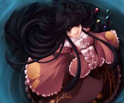 Rule 34 | 1girl, black hair, female focus, gin kagami, houraisan kaguya, japanese clothes, long hair, open mouth, outstretched arms, red eyes, shiromiza kana, sleeves past wrists, smile, solo, spread arms, touhou, very long hair, wand