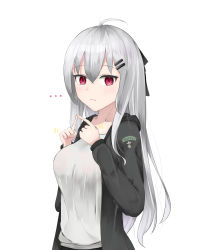 Rule 34 | ..., 1girl, absurdres, black jacket, black ribbon, breasts, closed mouth, girls&#039; frontline, hair ornament, hair ribbon, hairclip, highres, iws 2000 (girls&#039; frontline), jacket, long hair, looking at viewer, medium breasts, open clothes, open jacket, purple eyes, ribbon, shirt, silver hair, solo, tonguei, upper body, white background, white shirt