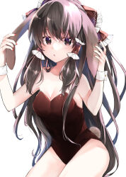 Rule 34 | 1girl, absurdres, animal ears, bare legs, bare shoulders, bow, breasts, brown eyes, brown hair, cleavage, cowboy shot, fake animal ears, hair bow, hair tubes, hakurei reimu, highres, leotard, long hair, medium breasts, nail polish, playboy bunny, rabbit ears, rabbit tail, red bow, red nails, simple background, solo, tail, touhou, white background, wrist cuffs, yurara (aroma42enola)
