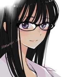 Rule 34 | 1girl, black-framed eyewear, black hair, character name, closed mouth, commentary request, copyright name, glasses, himawari-san, himawari-san (character), lips, long hair, looking at viewer, pink lips, portrait, purple eyes, shirt, simple background, sketch, smile, solo, sugano manami, white background, white shirt