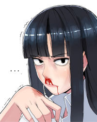 Rule 34 | ..., 1girl, black eyes, black hair, blood, blood on face, blunt bangs, collared shirt, commentary, crying, furrowed brow, hime cut, lips, long hair, looking at viewer, nosebleed, ohasi, original, shirt, sidelocks, simple background, solo, symbol-only commentary, trembling, white background, white shirt, wiping face