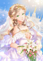 Rule 34 | 1girl, bare shoulders, blonde hair, bouquet, breasts, choker, cleavage, cleavage cutout, clothing cutout, dress, earrings, elf, flower, green eyes, highres, jewelry, kaminary, long hair, looking at viewer, original, pointy ears, solo, strapless, strapless dress, tiara, wedding dress