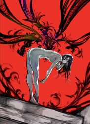 Rule 34 | 1girl, ass, barefoot, bent over, breasts, closed mouth, completely nude, floral print, from side, glasses, highres, kamishiro rize, large breasts, long hair, looking at viewer, nude, red background, smile, standing, tokyo ghoul, yourfreakyneighbourh