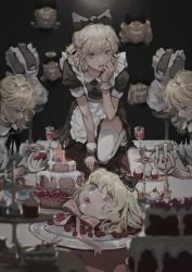 Rule 34 | 1girl, alcohol, alternate costume, apron, black bow, black neckwear, black ribbon, blonde hair, blurry, blurry foreground, bow, cake, candelabra, candlestand, cherry, clone, collared dress, cup, cupcake, deadprince, decapitation, depth of field, dress, drink, drinking glass, enmaided, eyelashes, food, food on face, fruit, gloves, hair bow, hair ribbon, highres, horror (theme), maid, maid apron, maid headdress, mannequin, open mouth, original, plate, ribbon, roswaal mansion maid uniform, short hair, skirt, tart (food), thighhighs, tiered tray, victorian maid, wa maid, waitress, white gloves, white thighhighs, wine, wine glass, wrist cuffs