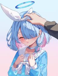 Rule 34 | 1girl, 1other, absurdres, arona (blue archive), blue archive, blue hair, blue halo, blush, braid, choker, closed mouth, colored inner hair, daimi 94, hair over one eye, halo, headpat, highres, long sleeves, multicolored hair, pink hair, sailor collar, short hair, single braid, smile, solo focus, upper body, white choker, white sailor collar