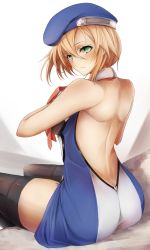 Rule 34 | 1girl, ass, back, bare back, bare shoulders, beret, black thighhighs, blazblue, blonde hair, blush, dress, from behind, green eyes, hair between eyes, hat, highres, looking at viewer, noel vermillion, parted lips, short dress, short hair, sitting, smile, snm (sunimi), solo, thighhighs, zettai ryouiki