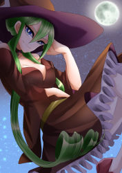 Rule 34 | absurdres, bad id, bad pixiv id, blue eyes, breasts, brown dress, cleavage, dress, frilled dress, frills, green hair, hat, highres, kirakawa-yukino, large breasts, long hair, looking at viewer, moon, original, pantyhose, red footwear, shoes, smile, solo, tsurime, very long hair, wide sleeves, witch, witch hat