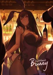 Rule 34 | 2girls, absurdres, animal ears, bad id, bad pixiv id, bar (place), bare shoulders, black hair, black legwear, bottle, breasts, character name, cleavage, closed mouth, cup, drinking glass, fake animal ears, fake tail, fate/grand order, fate (series), fishnet pantyhose, fishnets, hair between eyes, highres, holding, holding tray, large breasts, leotard, long hair, looking at viewer, multiple girls, official alternate costume, pantyhose, playboy bunny, purple eyes, purple hair, purple leotard, rabbit ears, rabbit tail, reroi, scathach (fate), scathach (piercing bunny) (fate), sidelocks, smile, solo focus, tail, thighs, tray, very long hair, wine bottle, wine glass, wrist cuffs