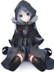 Rule 34 | 1girl, absurdres, add (fate), black footwear, black gloves, black thighhighs, blush, cloak, closed mouth, commentary request, fate (series), full body, fur-trimmed cloak, fur trim, gloves, gray (fate), green eyes, grey cloak, grey skirt, hair between eyes, hands up, head tilt, highres, hood, hood up, hooded cloak, long hair, looking at viewer, lord el-melloi ii case files, plaid, plaid skirt, pleated skirt, shadow, shoes, silver hair, skirt, smile, suisen-21, thighhighs, white background