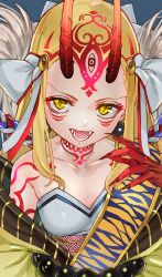 Rule 34 | 1girl, bare shoulders, blonde hair, blue background, collarbone, facial tattoo, fangs, fate/grand order, fate (series), fingernails, flat chest, forehead, highres, horns, ibaraki douji (fate), long hair, looking at viewer, neck tattoo, oni horns, open mouth, ruisento, sharp fingernails, shoulder tattoo, sidelocks, simple background, solo, tattoo, teeth, yellow eyes