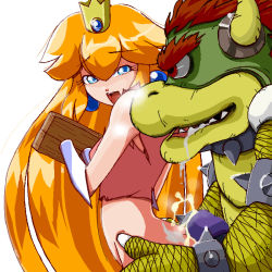 Rule 34 | 1girl, bdsm, blonde hair, blue eyes, blush, bondage, bottomless, bound, bowser, breasts, breath, crown, cum, doggystyle, drooling, interspecies, long hair, looking back, mario (series), monster, nintendo, open mouth, penis, princess peach, rape, saliva, sex, sex from behind, stocks, super mario bros. 1, torn clothes, uncensored