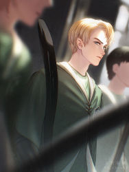 Rule 34 | 3boys, black hair, blonde hair, blue eyes, blurry, broom, coat, day, depth of field, draco malfoy, from side, frown, green coat, harry potter (series), highres, looking at viewer, male focus, multiple boys, quidditch, school uniform, sg chenxiiiii, short hair, sideways glance, slytherin, solo focus, upper body, wizarding world