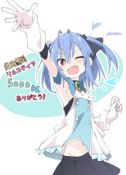Rule 34 | 1girl, ;d, arm up, armpits, black ribbon, black skirt, blue hair, blush, commentary, commentary request, copyright request, fang, flat chest, frostia, gloves, hair ribbon, heart, ixy, looking at viewer, magical valkyrie lyristia, navel, official art, one eye closed, open mouth, red eyes, ribbon, skin fang, skirt, smile, solo, symbol-only commentary, translation request, two side up, white gloves