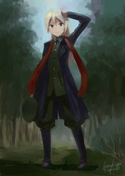 Rule 34 | 1girl, aqua eyes, artist name, blonde hair, blue sky, boots, buttons, coat, cross, dated, day, full body, grass, green eyes, hand on own head, hat, heinrike prinzessin zu sayn-wittgenstein, highres, holding, holding clothes, holding hat, iron cross, kanokoga, long hair, long sleeves, military, military uniform, noble witches, outdoors, pants, pants tucked in, parachute pants, peaked cap, puffy pants, red scarf, scarf, signature, sky, solo, standing, strike witches, tree, uniform, unworn hat, unworn headwear, world witches series