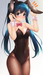 Rule 34 | 1girl, animal ears, arms up, black hairband, black leotard, blue eyes, blue hair, blush, bow, bowtie, breasts, brown pantyhose, cleavage, closed mouth, commentary request, covered navel, cowboy shot, detached collar, fake animal ears, fishnet pantyhose, fishnets, grey background, hair between eyes, hairband, hand on own ear, highres, kin-iro mosaic, komichi aya, leotard, light particles, long hair, looking at viewer, medium breasts, minato ojitan, notice lines, pantyhose, pink bow, pink bowtie, playboy bunny, pulling own ear, rabbit ears, raised eyebrows, revision, shiny skin, simple background, solo, standing, strapless, strapless leotard, striped clothes, striped leotard, tareme, twintails, very long hair, wrist cuffs