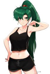Rule 34 | 1girl, bare shoulders, blush, breasts, fire emblem, fire emblem: the blazing blade, green eyes, green hair, high ponytail, highres, large breasts, long hair, looking at viewer, lyn (fire emblem), nintendo, ormille, ponytail, shirt, simple background, solo, very long hair, white background