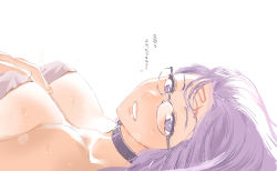 Rule 34 | 1girl, blush, breasts, cleavage, collar, facial mark, fate/stay night, fate (series), forehead mark, glasses, hand on own chest, large breasts, long hair, medusa (fate), medusa (rider) (fate), mo (kireinamo), purple eyes, purple hair, smile, solo, square pupils, sweat, traditional media, translation request, very long hair, white background