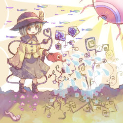 Rule 34 | 1girl, :d, abstract, black footwear, black hat, blouse, blue flower, blue rose, bow, buttons, can, carnivorous plant, clip studio paint (medium), diamond button, fish, floral print, flower, frills, full body, green eyes, green hair, green skirt, hat, hat bow, heart, heart of string, holding, holding can, komeiji koishi, leaf, light rays, long sleeves, open mouth, plant, rose, sekisei (superego51), shirt, short hair, skirt, sleeves past fingers, sleeves past wrists, smile, solo, spiral, third eye, thorns, touhou, watering, watering can, wide sleeves, worm, yellow bow, yellow shirt