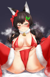 Rule 34 | 1girl, animal ear fluff, animal ears, bikini, black hair, blush, breasts, cameltoe, closed mouth, commentary request, covered erect nipples, elbow gloves, fur-trimmed gloves, fur-trimmed legwear, fur collar, fur trim, gamarenji, gloves, hair ornament, hairclip, half-closed eyes, head tilt, highres, hololive, large breasts, long hair, looking at viewer, multicolored hair, naughty face, navel, nose blush, ookami mio, reclining, red bikini, red gloves, red hair, red thighhighs, revision, sitting, smile, solo, spread legs, streaked hair, sweat, swimsuit, thighhighs, twintails, untied bikini, virtual youtuber, wolf ears, wolf girl, yellow eyes