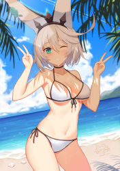 Rule 34 | 1girl, ;d, absurdres, beach, bikini, blue sky, breasts, choker, cleavage, cloud, cloudy sky, cowboy shot, day, double v, dutch angle, elphelt valentine, front-tie bikini top, front-tie top, green eyes, grin, guilty gear, hairband, highres, hongchajun, large breasts, lens flare, looking at viewer, navel, one eye closed, open mouth, outdoors, shaded face, short hair, side-tie bikini bottom, sky, smile, solo, spoilers, strap gap, swimsuit, v, wet, white bikini, white hair