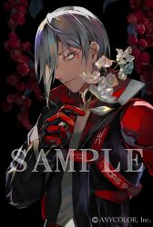 Rule 34 | 1boy, asymmetrical sleeves, belt, black choker, black jacket, choker, closed mouth, copyright name, facial tattoo, flower, fulgur ovid, fulgur ovid (1st costume), grey hair, hair between eyes, hair over one eye, holding, holding flower, jacket, lam (ramdayo), male focus, mechanical arms, multicolored clothes, multicolored jacket, nijisanji, nijisanji en, official art, open clothes, open jacket, red belt, red choker, red flower, red jacket, sample watermark, short hair, single mechanical arm, solo, tank top, tattoo, uneven sleeves, virtual youtuber, watermark, white flower, white tank top