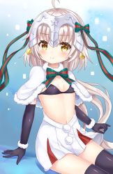Rule 34 | 1girl, ahoge, bikini, bikini top only, black bikini, black thighhighs, blue background, bow, bowtie, fate/grand order, fate (series), gradient background, headpiece, highres, jeanne d&#039;arc (fate), jeanne d&#039;arc alter (fate), jeanne d&#039;arc alter santa lily (fate), looking at viewer, pom pom (clothes), sitting, solo, striped bow, striped bowtie, striped clothes, sunameri (pixiv3564245), swimsuit, thighhighs