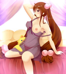 Rule 34 | 1girl, alternate breast size, arm support, armpits, artist request, bed, bed sheet, breast slip, breasts, brown hair, collarbone, hair bobbles, hair ornament, highres, kodomo no jikan, kokonoe rin, large breasts, long hair, looking at viewer, navel, nightgown, nipples, aged up, on bed, one breast out, open mouth, panties, pink eyes, see-through, side-tie panties, sitting, solo, stuffed animal, stuffed toy, twintails, underwear, very long hair