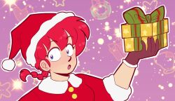 Rule 34 | 1girl, ask-ranma-and-ryoga, blue eyes, bow, braid, braided ponytail, breasts, christmas, gloves, green bow, hair between eyes, hat, highres, makeup, medium breasts, open mouth, pink background, ranma-chan, ranma 1/2, red hair, santa hat, solo, upper body
