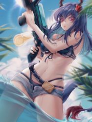 Rule 34 | 1girl, arknights, bare arms, bare shoulders, bikini, black bikini, blue hair, blue sky, breasts, ch&#039;en (arknights), ch&#039;en the holungday (arknights), ch&#039;en the holungday (elite ii) (arknights), chimoshi (kusa), cloud, cowboy shot, day, dragon girl, dragon horns, dragon tail, flower, gluteal fold, grey shorts, hair flower, hair ornament, highres, holding, holding water gun, horns, large breasts, long hair, looking at viewer, micro shorts, navel, official alternate costume, open fly, outdoors, parted lips, red eyes, red flower, shorts, sky, solo, standing, stomach, swimsuit, tail, thighs, wading, water, water gun