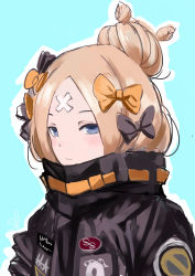 Rule 34 | 1girl, abigail williams (fate), abigail williams (traveling outfit) (fate), absurdres, black bow, black jacket, blonde hair, blue background, blue eyes, blush, bow, closed mouth, crossed bandaids, fat123, fate/grand order, fate (series), hair bow, hair bun, highres, jacket, light smile, long hair, looking at viewer, official alternate costume, orange bow, parted bangs, polka dot, polka dot bow, single hair bun, sketch, solo