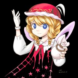 Rule 34 | 1girl, ai-generated art (topic), black background, blonde hair, blue eyes, bright pupils, gloves, hat, highres, holding, io (maryann blue), long sleeves, looking at viewer, medium hair, original, red hat, single glove, solo, star (symbol), touhou, upper body, white gloves, white pupils