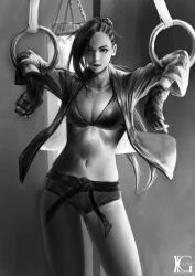 Rule 34 | 1girl, alternate costume, alternate hairstyle, asymmetrical hair, belt, bikini, bikini top only, breasts, cleavage, commentary, cornrows, cowboy shot, dougi, english commentary, faux traditional media, fingerless gloves, forehead, gloves, greyscale, gymnastics ring, highres, jacket, kevin glint, laura matsuda, lips, long hair, looking at viewer, martial arts belt, medium breasts, micro shorts, monochrome, navel, nose, open clothes, open jacket, ponytail, punching bag, realistic, shorts, solo, standing, stomach, street fighter, street fighter v, swimsuit, wavy hair