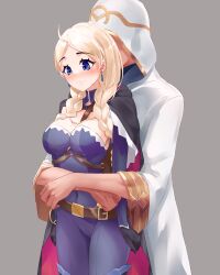 Rule 34 | 1boy, 1girl, absurdres, ahoge, black gloves, blue bodysuit, blue eyes, blush, bodysuit, braid, breasts, cape, chain, chest harness, cleavage, closed mouth, commission, commissioner upload, couple, covered navel, crystal earrings, earrings, faceless, faceless male, fire emblem, fire emblem fates, fire emblem heroes, gloves, gold chain, harness, hetero, highres, hood, hooded cape, hug, hug from behind, jewelry, kiran (fire emblem), kiran (male) (fire emblem), leather belt, long hair, low twin braids, medium breasts, mi nyawn3, nina (fire emblem), nina (thief) (fire emblem), nintendo, non-web source, o-ring, official alternate costume, parted bangs, skin tight, turtleneck, twin braids, two-tone cape, white hair