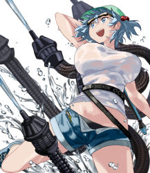 Rule 34 | 1girl, absurdres, bad source, bare legs, black panties, blouse, blue eyes, blue footwear, blue hair, blue shorts, blush, breasts, cross-laced footwear, denim, denim shorts, foot out of frame, from below, goggles, goggles on head, green hat, hair bobbles, hair ornament, hat, highres, kawashiro nitori, large breasts, mechanical tentacles, medium hair, megame (okbnkn), midriff, navel, open fly, open mouth, panties, science fiction, shirt, shoes, short shorts, shorts, simple background, smile, solo, touhou, twintails, underwear, water, water drop, water gun, wet, wet clothes, wet shirt, white background, white shirt
