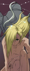 Rule 34 | 1boy, alphonse elric, armor, blonde hair, brown background, closed mouth, commentary request, completely nude, feet out of frame, fullmetal alchemist, grey eyes, hair between eyes, hair over one eye, long hair, looking at viewer, male focus, navel, nude, sezaki takumi, simple background, solo