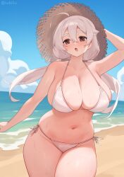 1girl :o arm_up bare_shoulders beach bikini blush breasts brown_eyes cleavage commentary day english_commentary hat highres iwbitu large_breasts looking_at_viewer navel nyopu open_mouth original outdoors side-tie_bikini_bottom sideboob solo stomach straw_hat swimsuit thick_eyebrows thighs water white_bikini white_hair